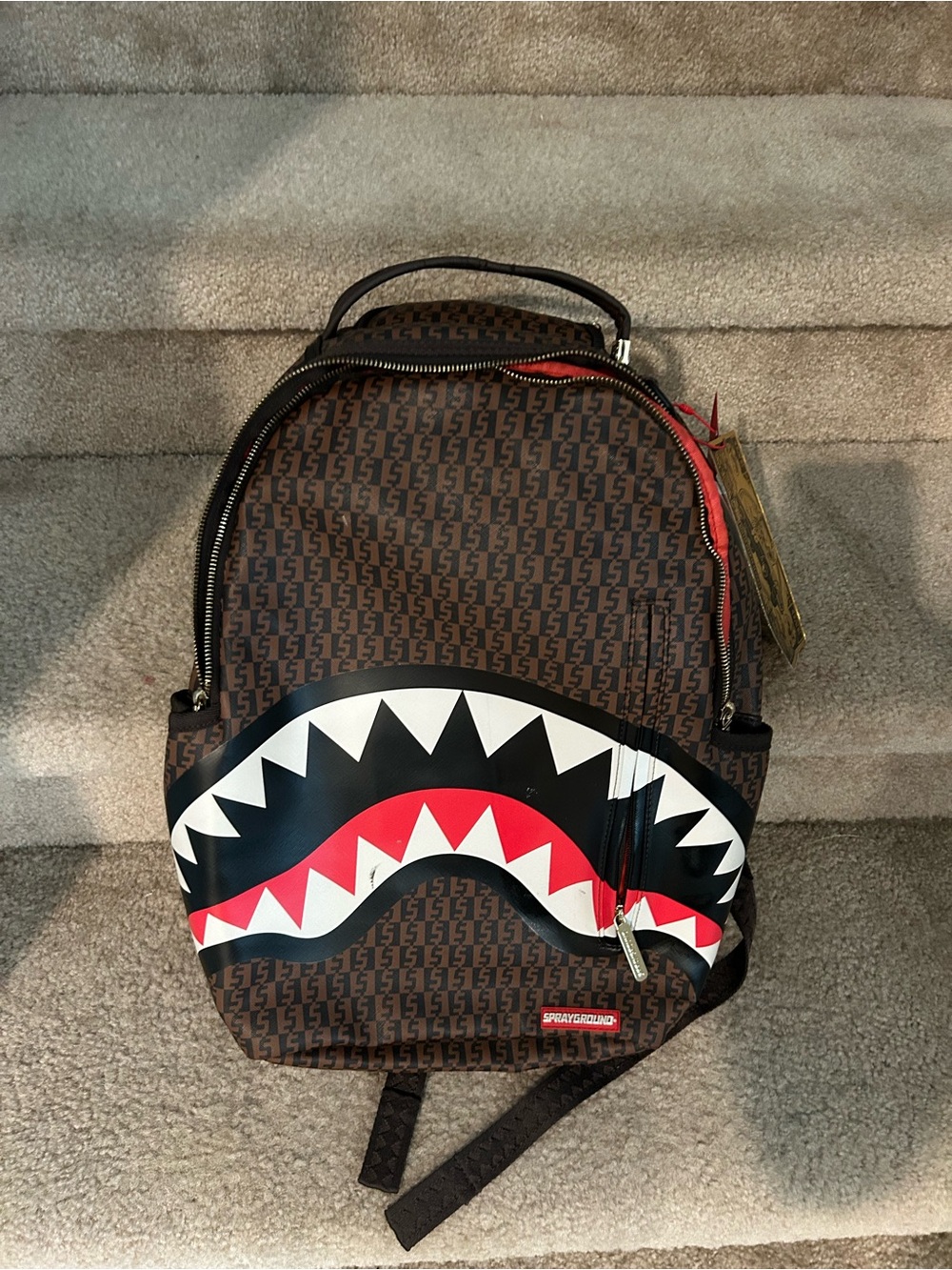 Sprayground Brown Shark-Graphic Backpack with Red & White Accents